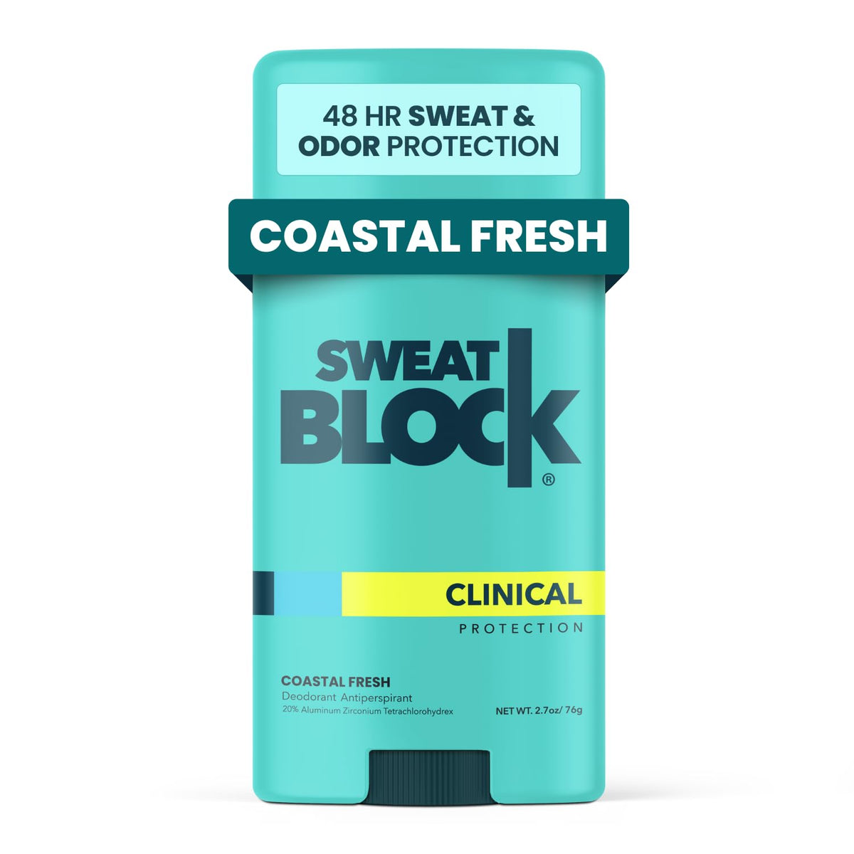 SweatBlock desodorante antitranspirante con aroma fresco costero en envase compacto para uso diario