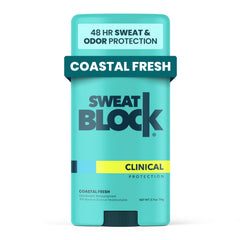 SweatBlock desodorante antitranspirante con aroma fresco costero en envase compacto para uso diario