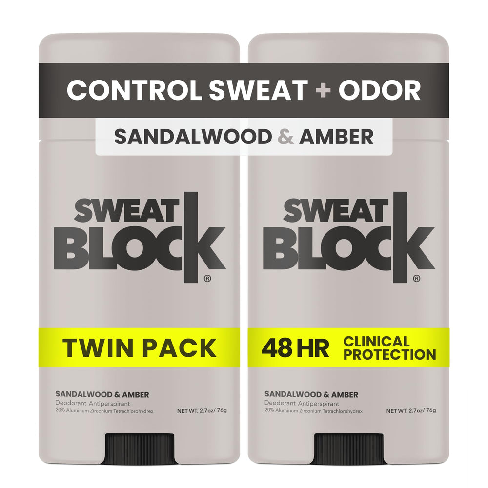 SweatBlock desodorante en botella con fragancia sándalo-ámbar para uso diario.
