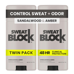 SweatBlock desodorante en botella con fragancia sándalo-ámbar para uso diario.