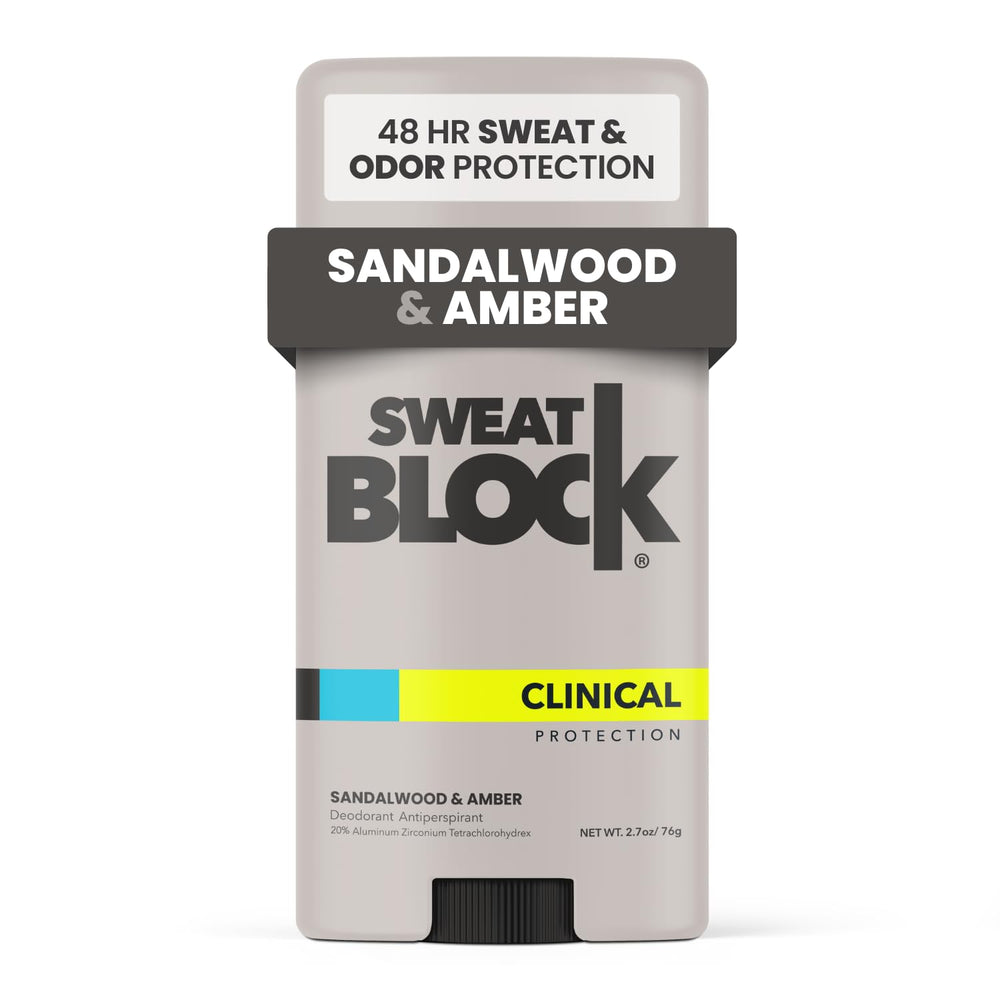 SweatBlock desodorante clínico con sándalo y ámbar para controlar el olor.