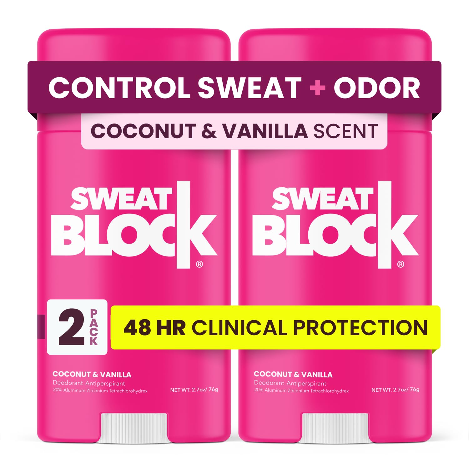SweatBlock Desodorante Coco Vainilla en botella, fragancia duradera para uso diario.