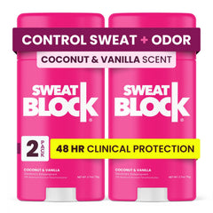 SweatBlock Desodorante Coco Vainilla en botella, fragancia duradera para uso diario.
