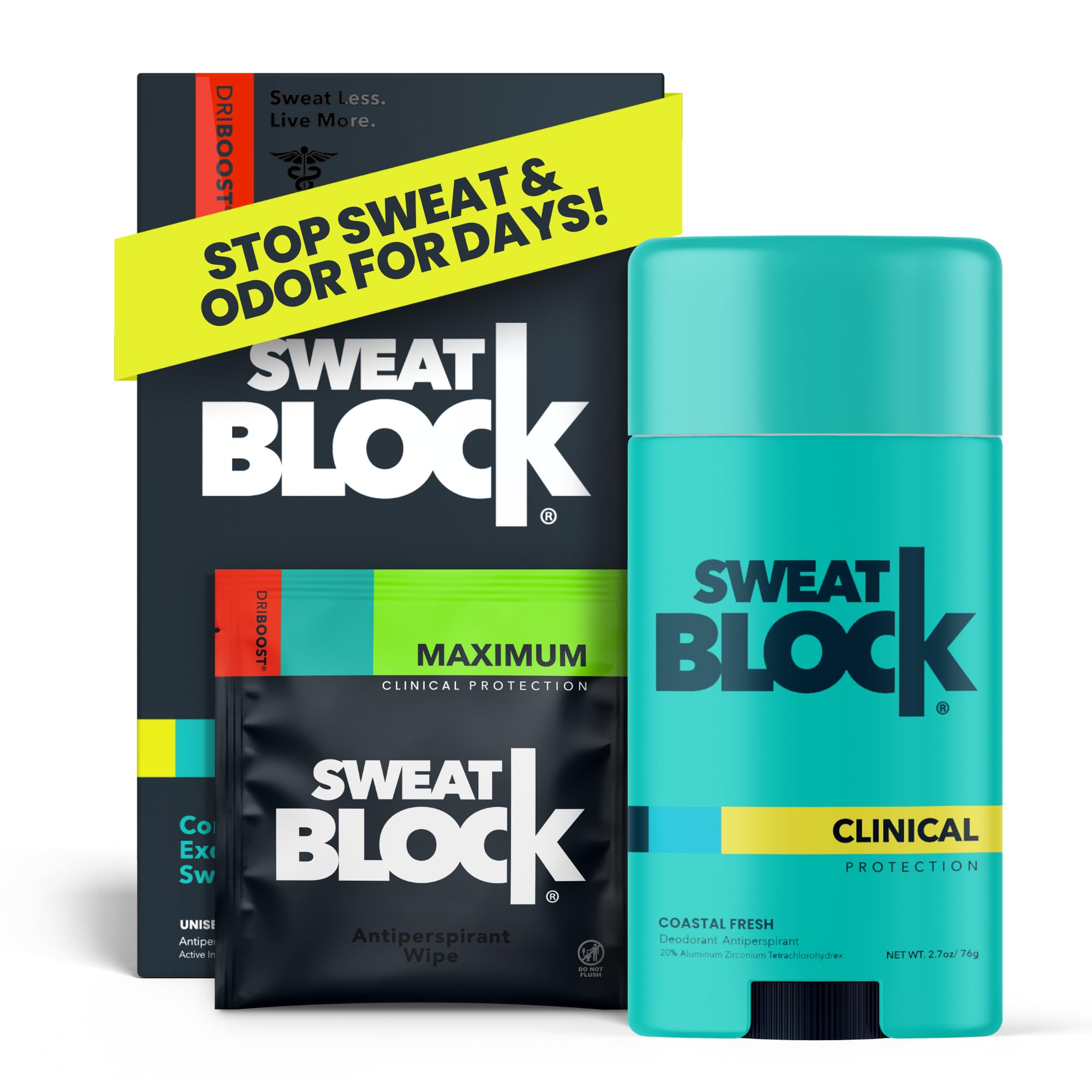 SweatBlock maximum clinical-strength system wipes offer long-lasting sweat defense.