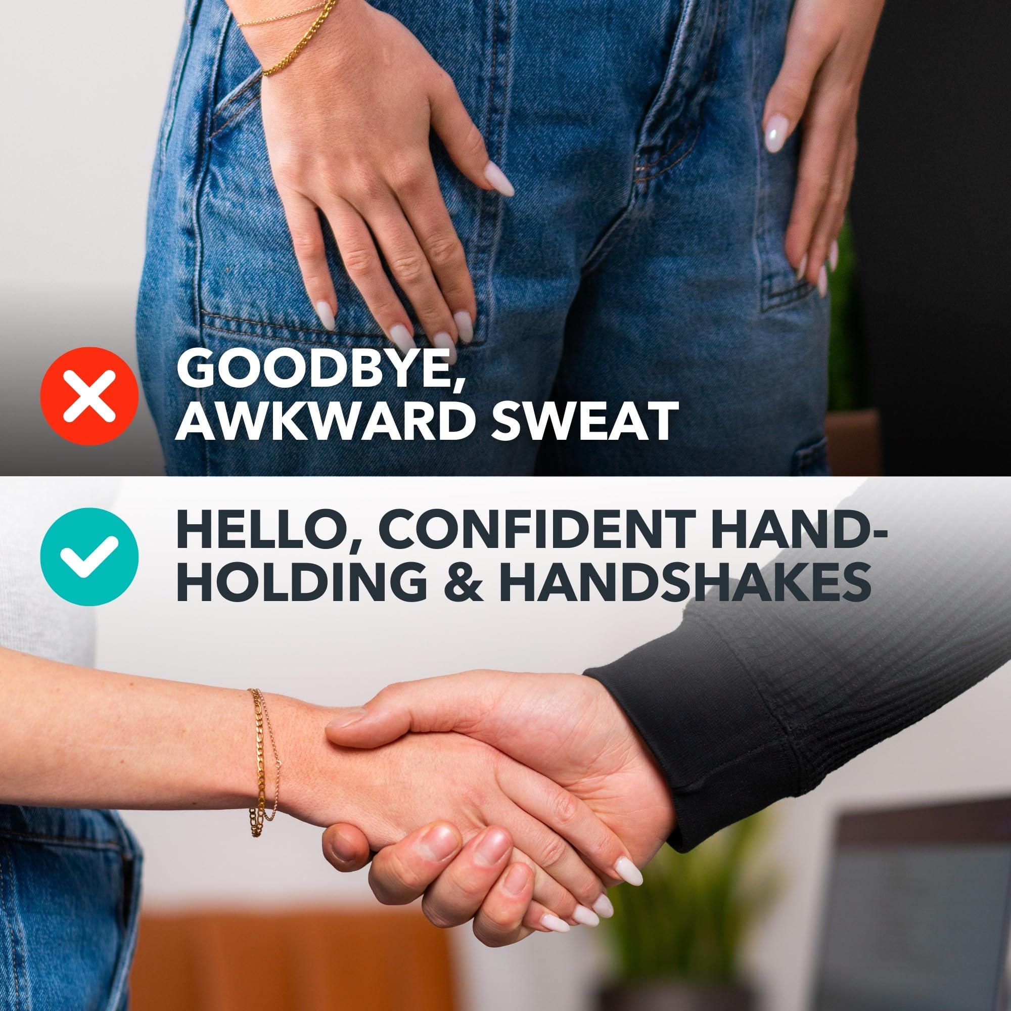 SweatBlock loción se seca rápidamente, manos listas para escribir o usar el teclado