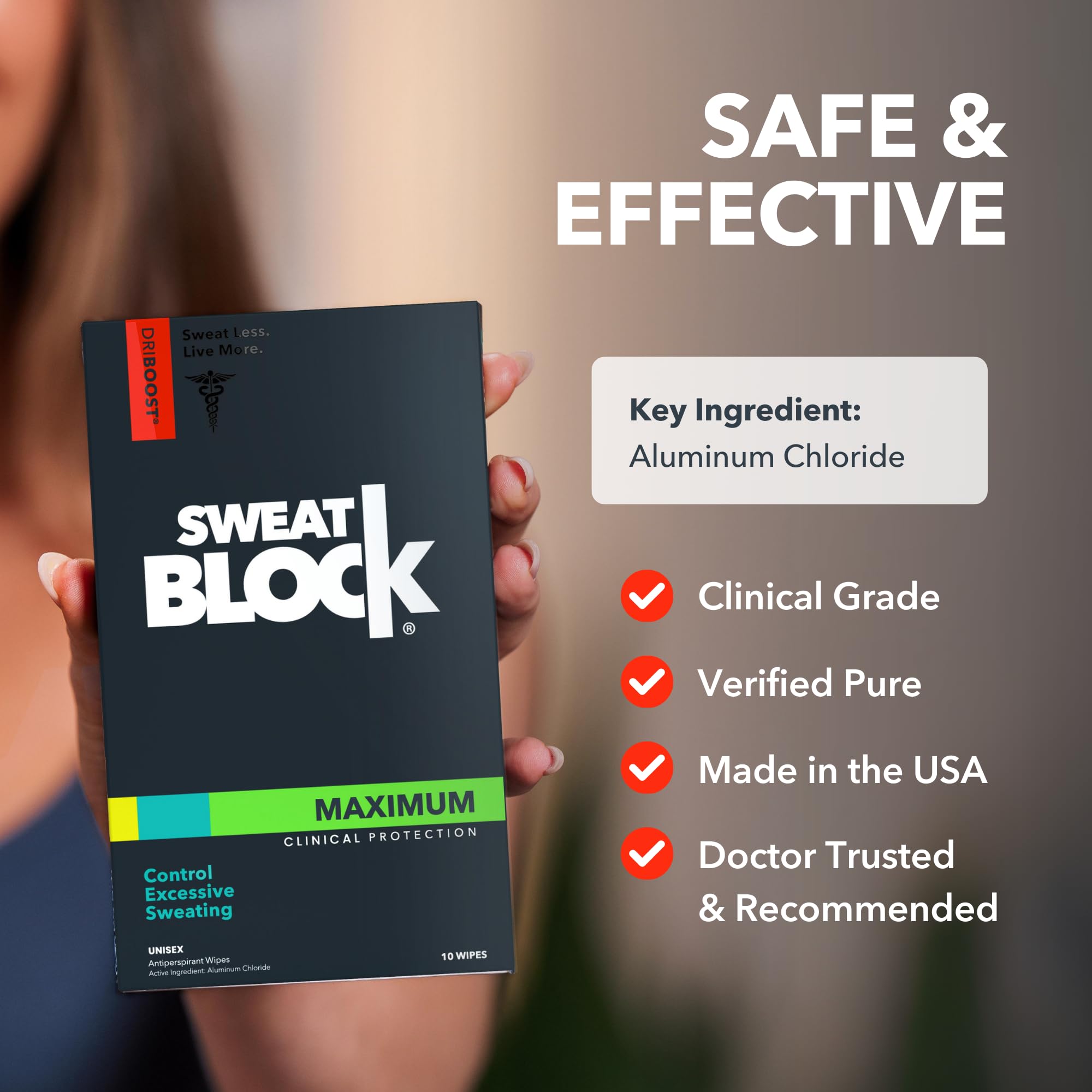 SweatBlock wipes close-up showing aluminum chloride formula that blocks sweat.