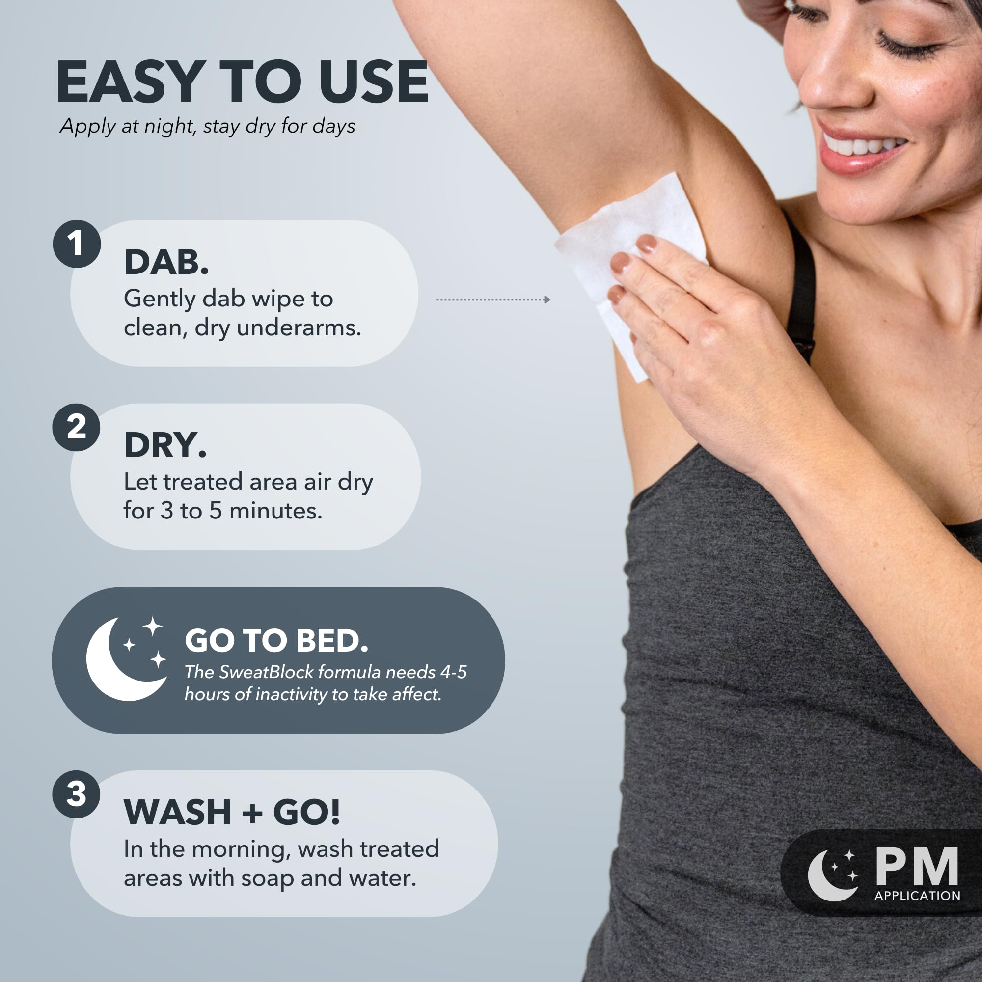 A person applies SweatBlock underarm wipe before sleep.