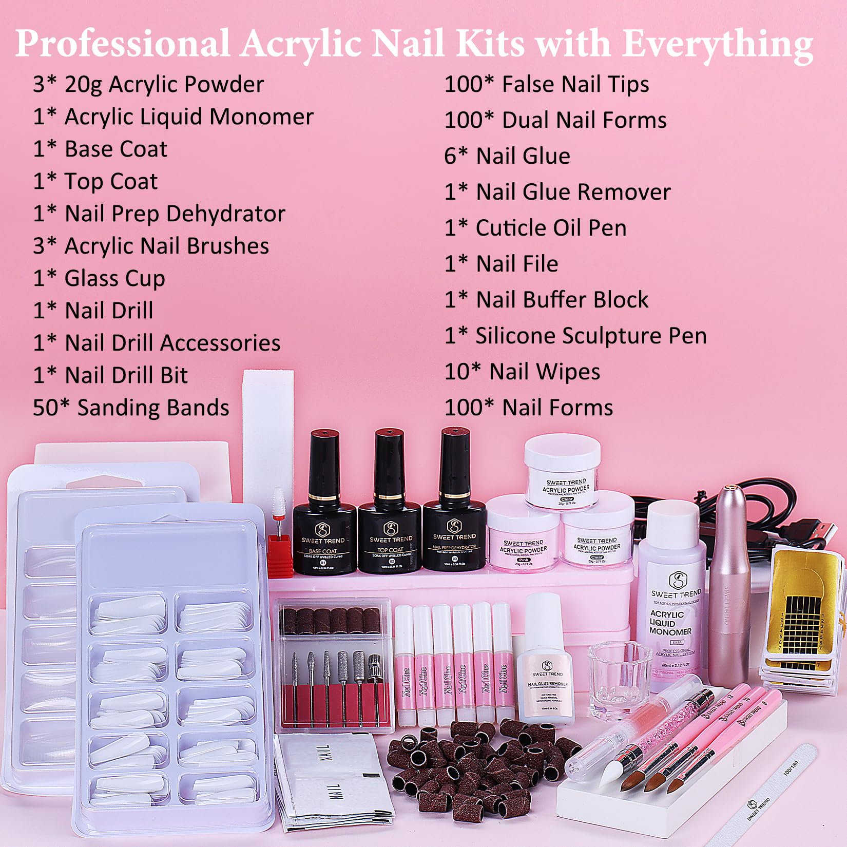 Sweet Trend 20g acrylic powder set in clear white pink for versatile designs