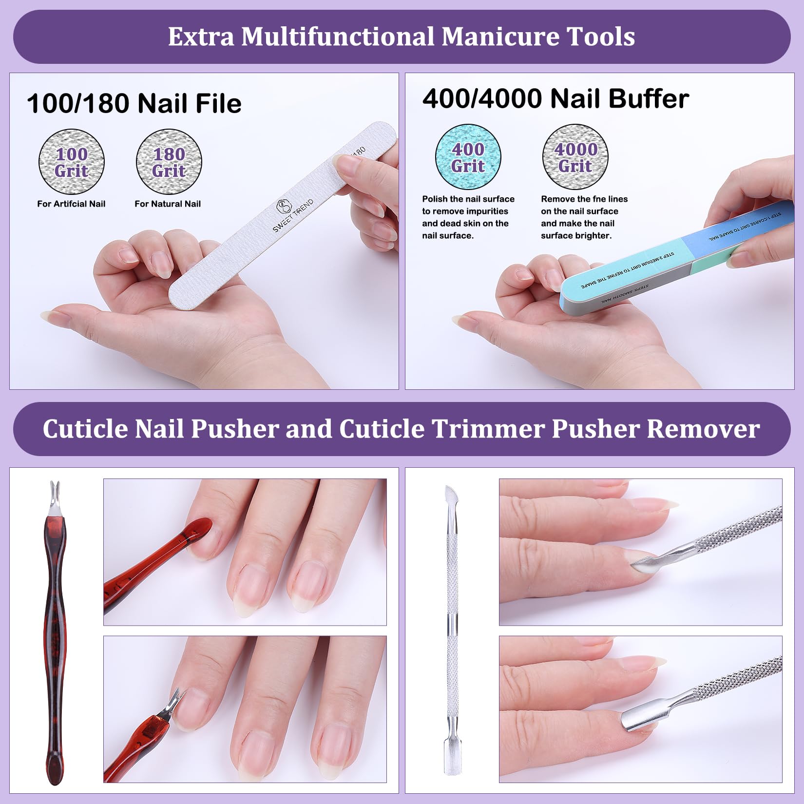 Sweet Trend multifunction nail files and cuticle pushers close-up in kit