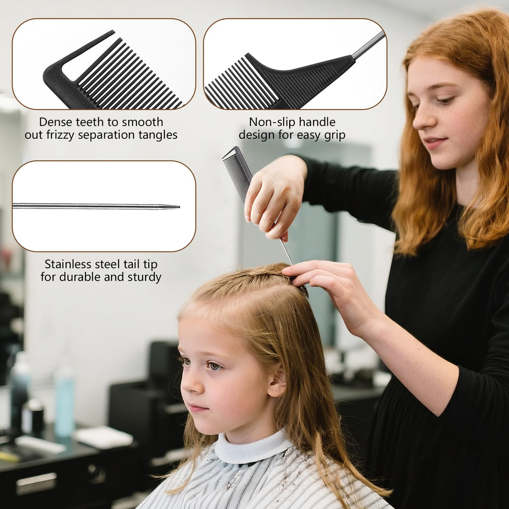 Sweet View dual-ended design with rat-tail comb enables precise parting.