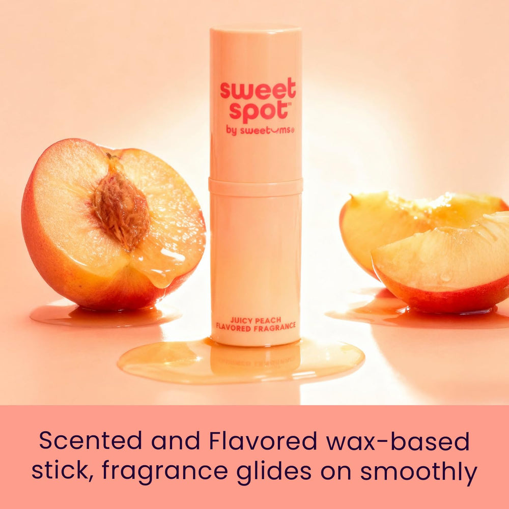 Sweetums SweetSpot Peach on-hand application highlighting travel-friendly format
