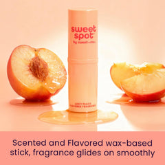 Sweetums SweetSpot Peach on-hand application highlighting travel-friendly format