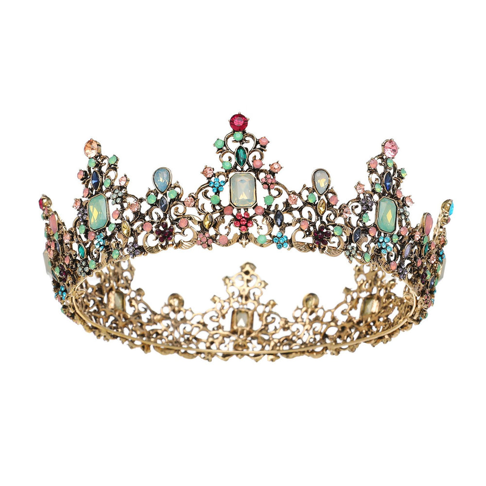 SWEETV Jeweled Baroque Queen Crown front view with multicolor gemstones for festive styling.