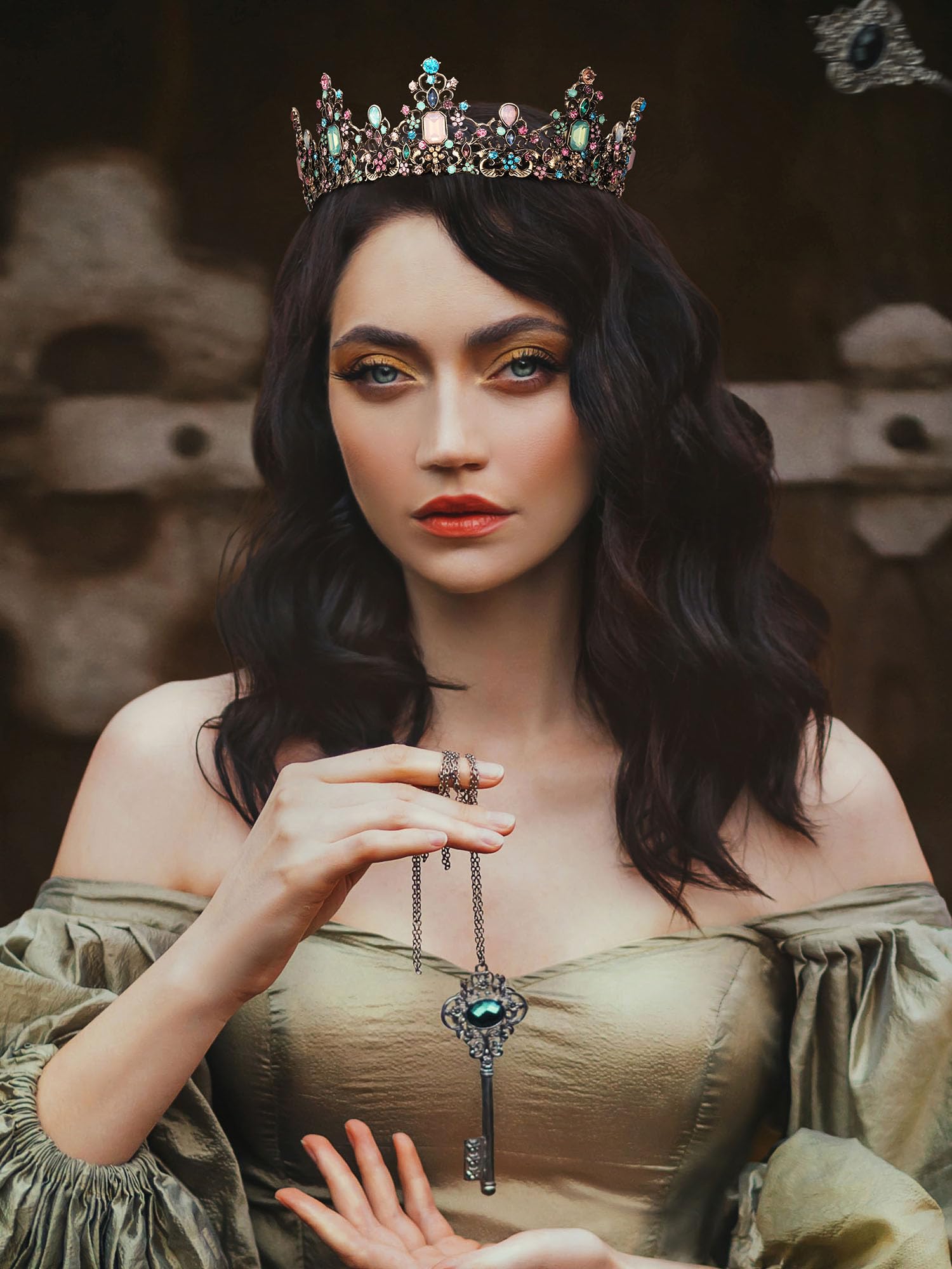 Portrait-ready shot of SWEETV Baroque Queen Crown highlighting vibrant colors.