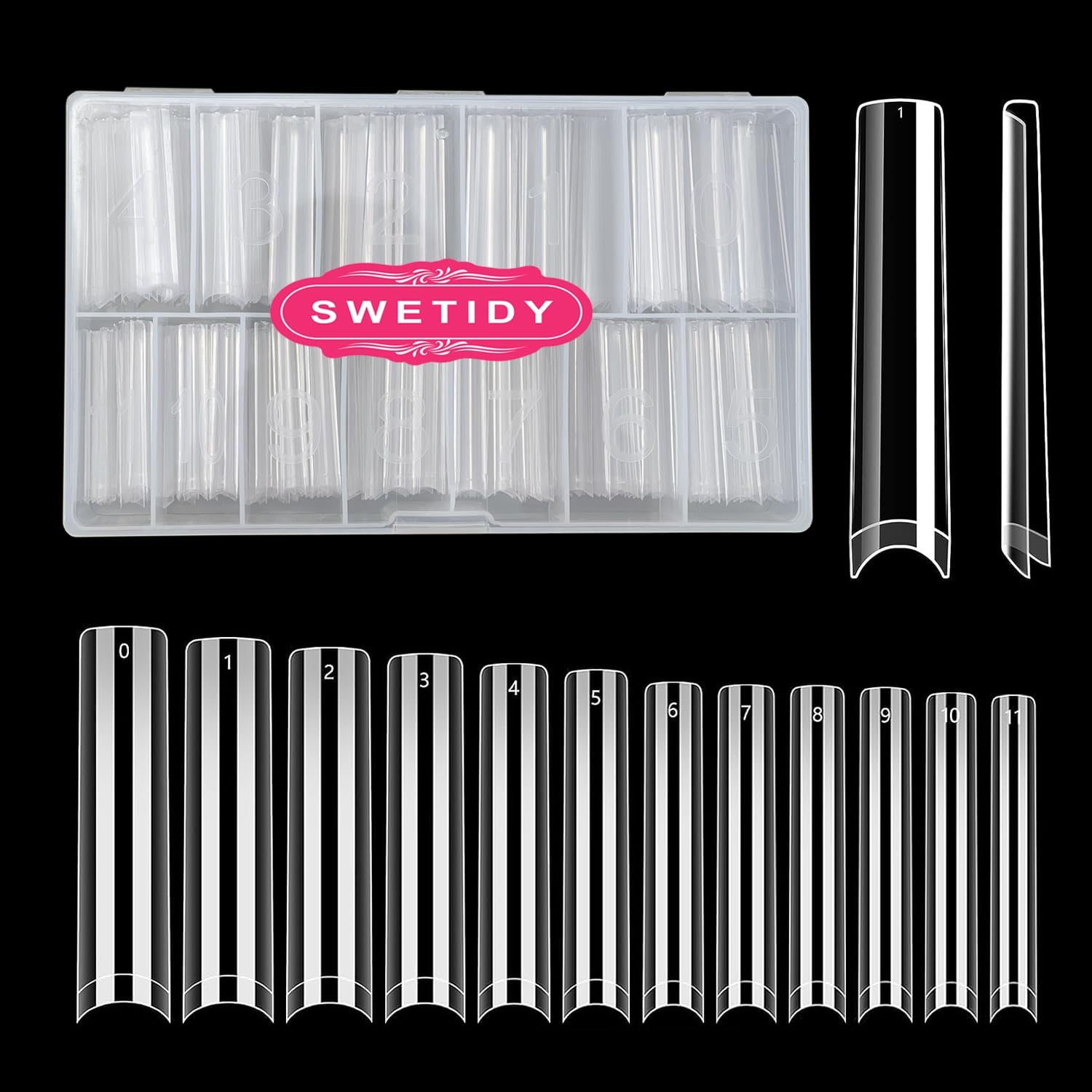 SWETIDY tips cuadrados 3XL transparentes para uñas acrílicas, fáciles de aplicar.