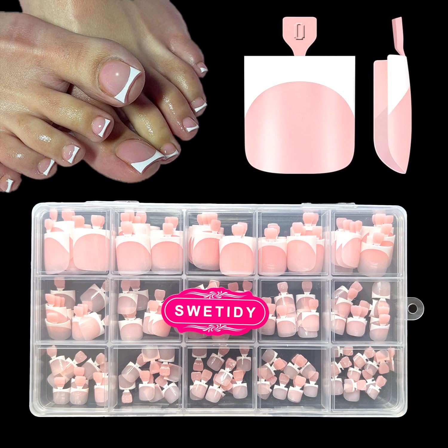 SWETIDY toe nail tips press on with French baby pink finish for quick wear.