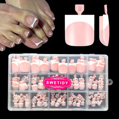SWETIDY toe nail tips press on with French baby pink finish for quick wear.
