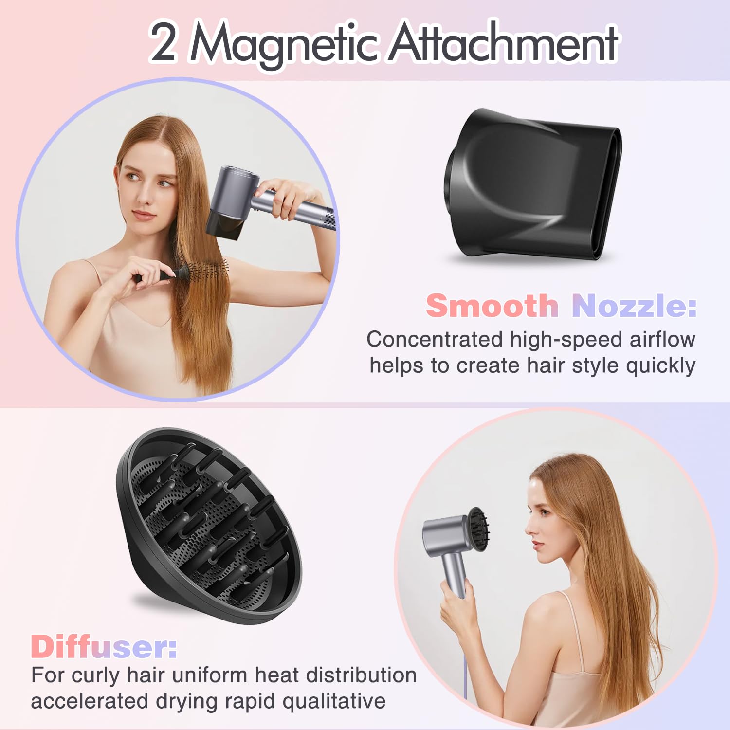 Swharzcopt diffuser and magnetic nozzle allow quick style changes.