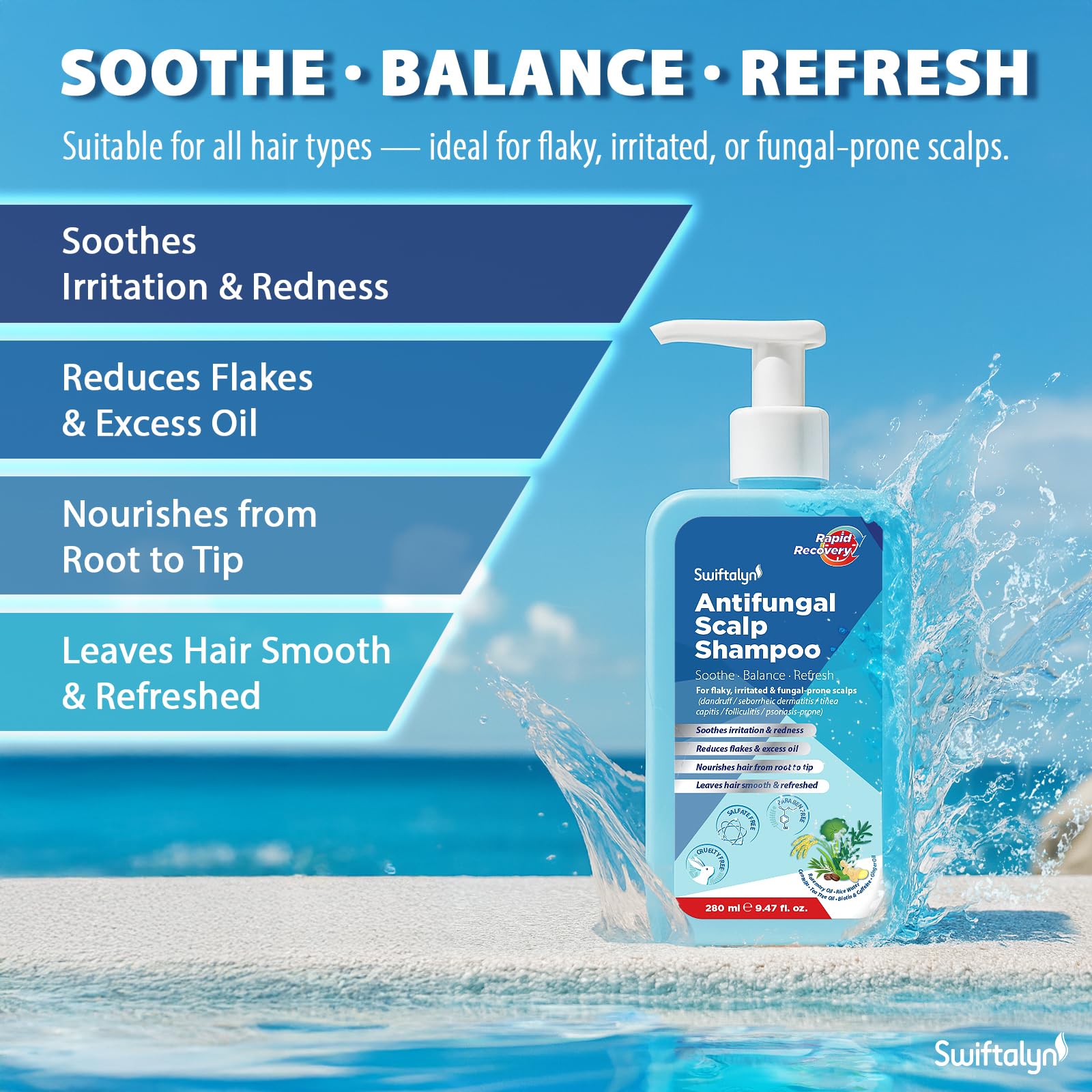Swiftalyn Antifungal Shampoo bottle back highlights soothing ingredients and scalp-friendly benefits.