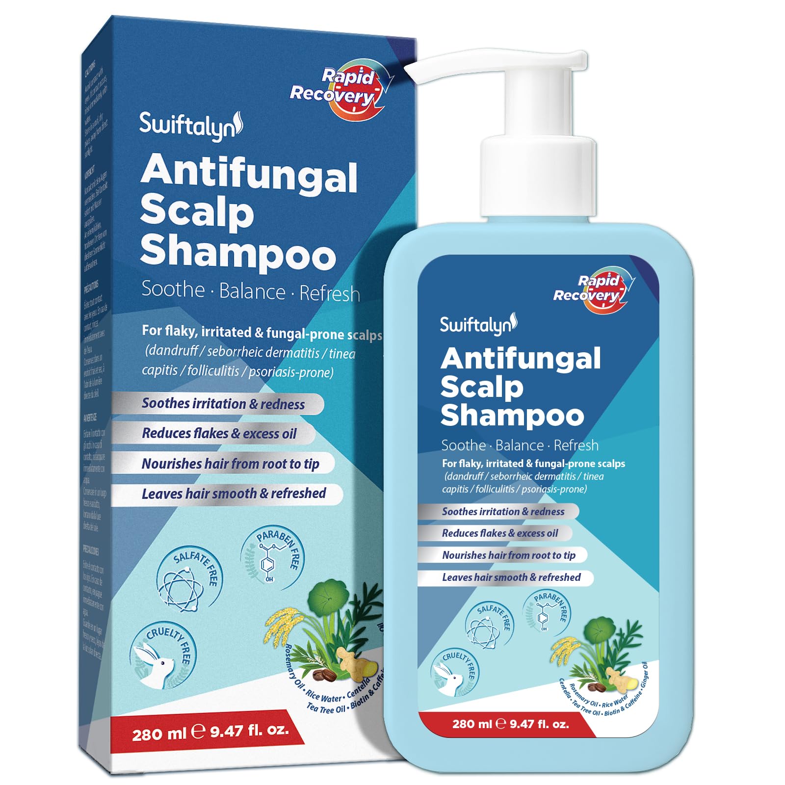 Swiftalyn Antifungal Shampoo bottle front showing calming formula for flaky scalps.