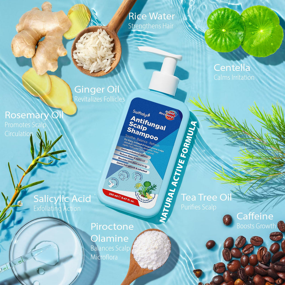 Swiftalyn Antifungal Shampoo ingredients panel features rosemary, tea tree, and ginger extracts.