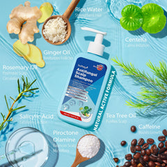 Swiftalyn Antifungal Shampoo ingredients panel features rosemary, tea tree, and ginger extracts.