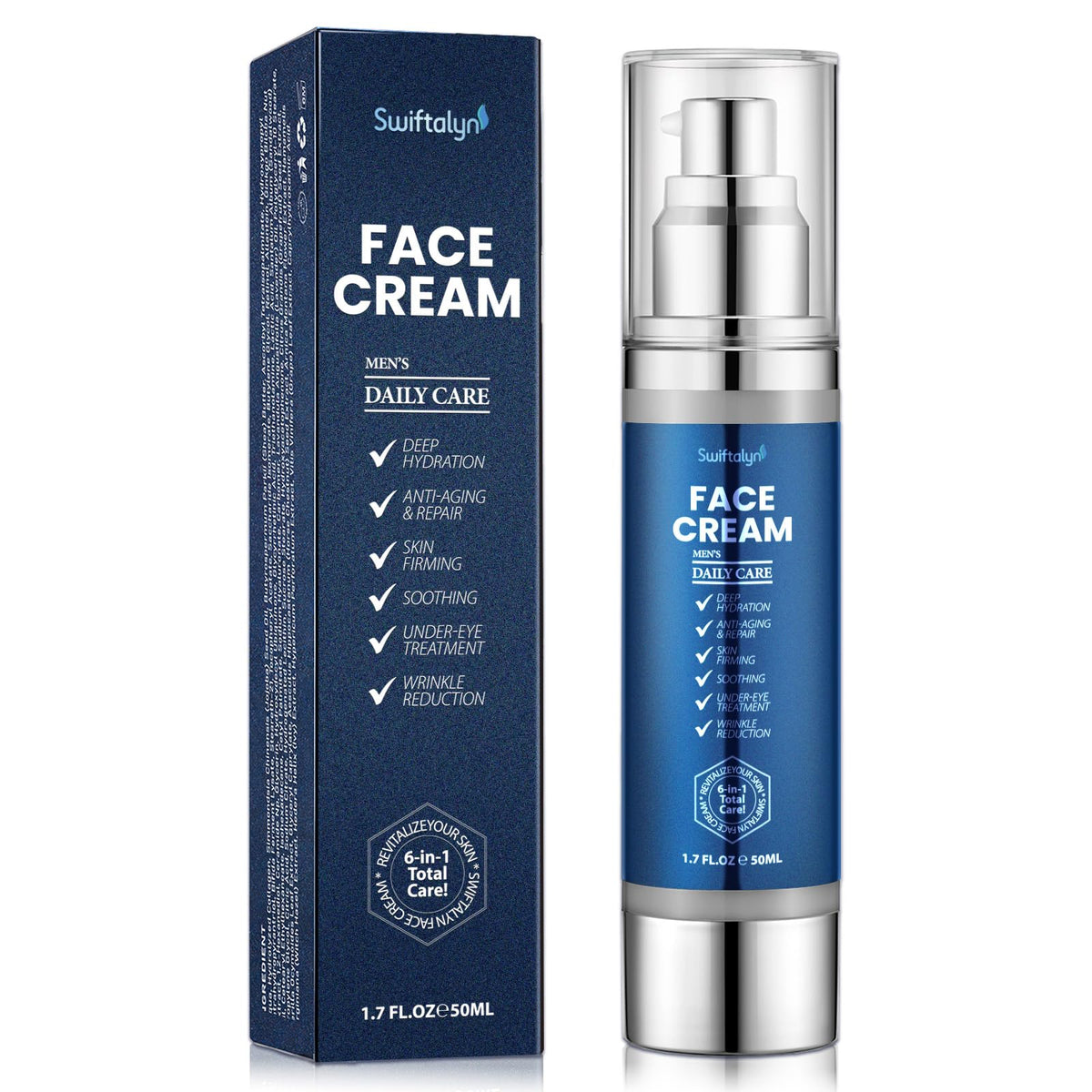 Swiftalyn crema 6 en 1 para hombre, envase visible con hidratación duradera