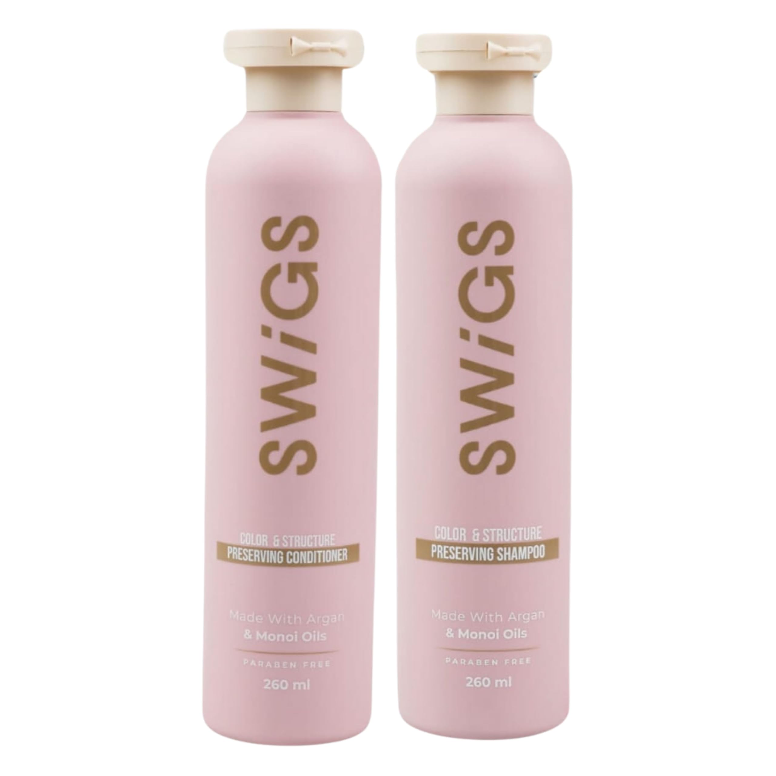SWIGS wig shampoo bottle being poured for color-safe cleansing.