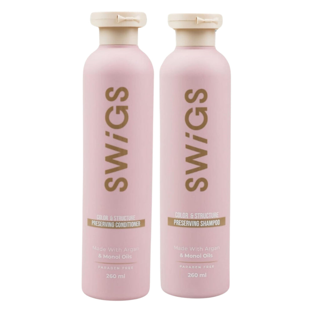 SWIGS wig shampoo bottle being poured for color-safe cleansing.