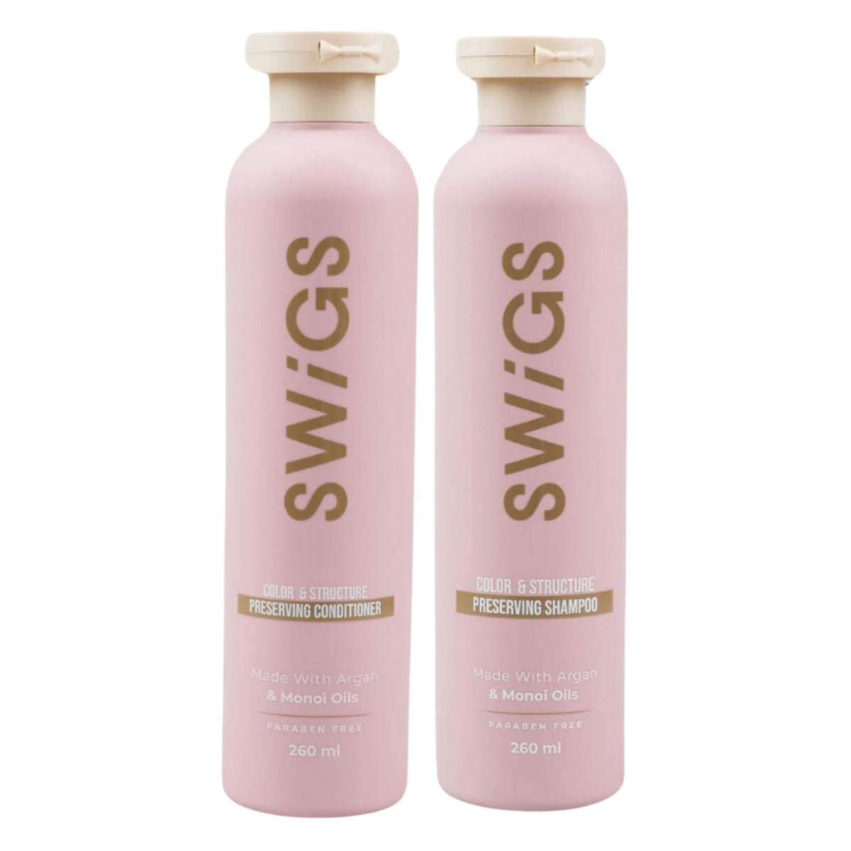 SWIGS wig shampoo bottle being poured for color-safe cleansing.