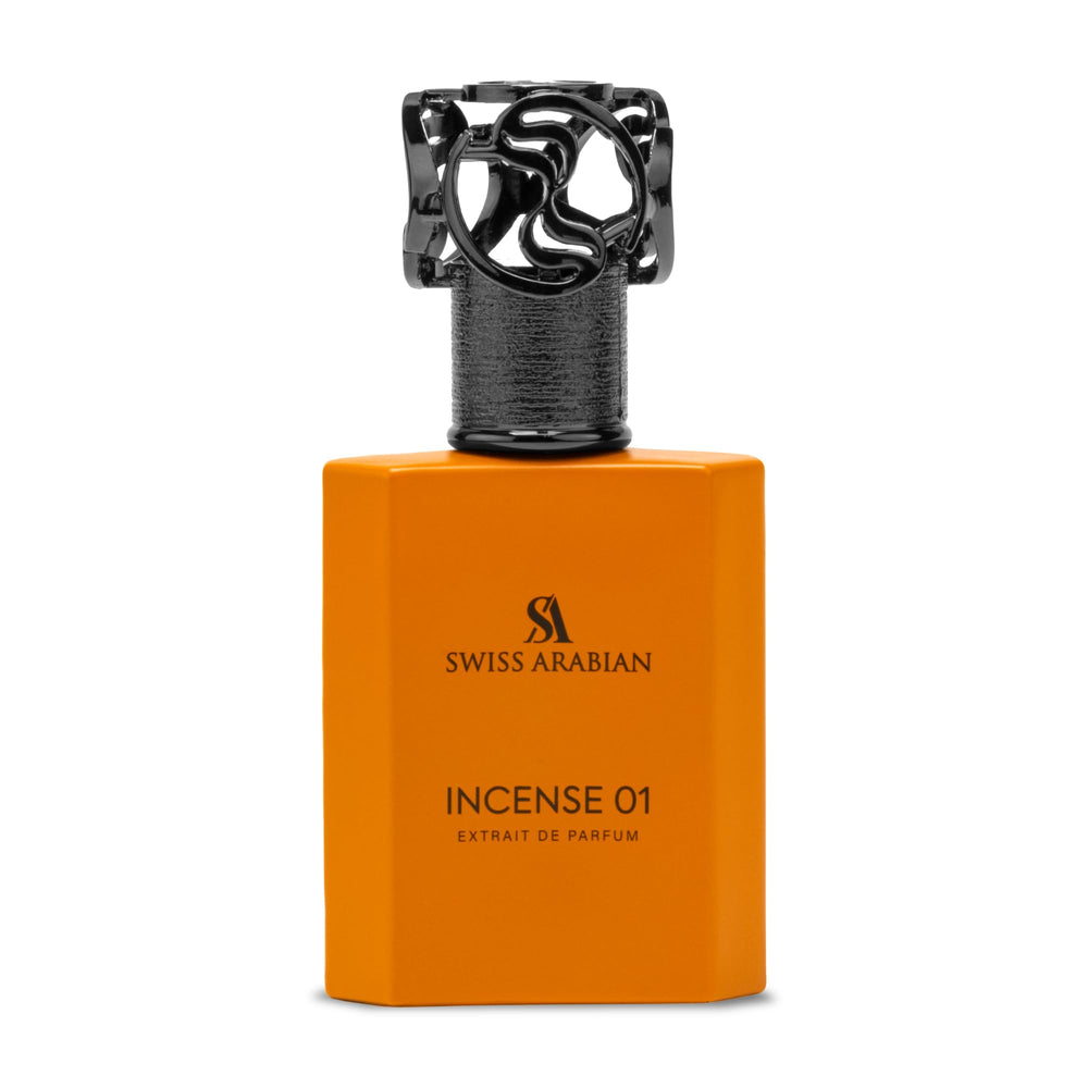 Swiss Arabian Incense 01 bottle front view, showcasing a long-lasting woody spicy fragrance