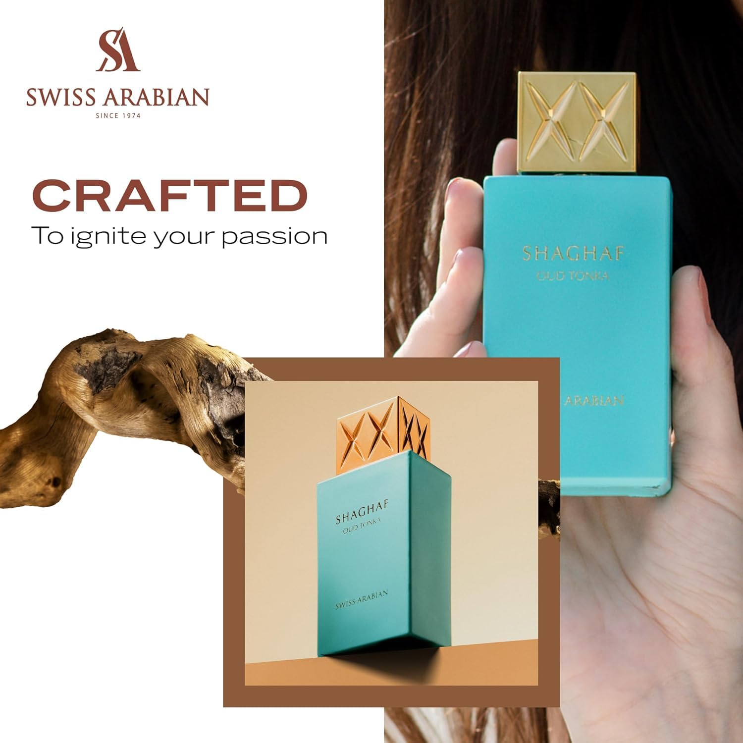 Swiss Arabian Shaghaf Oud Tonka glass-scent portrays earthy, woody aura in a refined bottle.