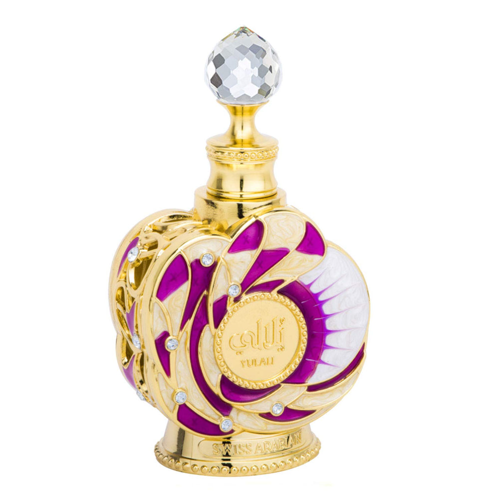 Swiss Arabian Yulali bottle closeup showcasing premium packaging and luxury fragrance.