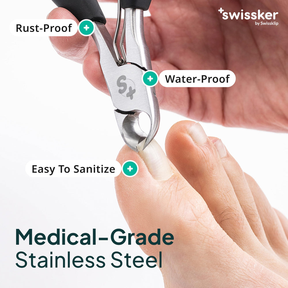 Swissker in-use demonstrating precise trimming on thick nails