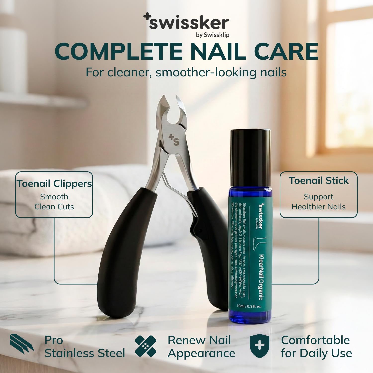 Product on shelf emphasizing convenient daily nail care option with Swissklip KlearNail