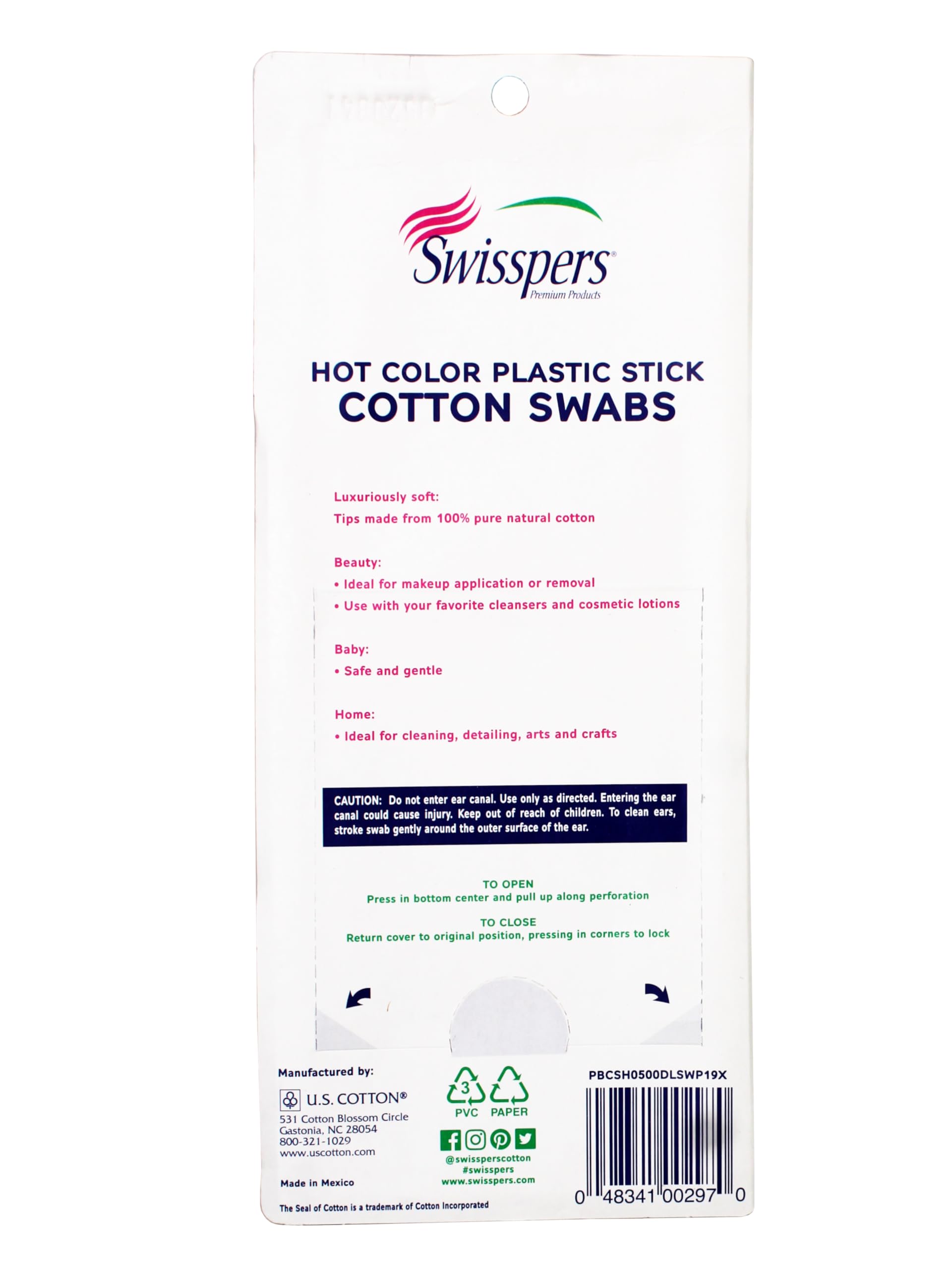 Swisspers Hot Colored Swab near eyes and lips for gentle cleaning.