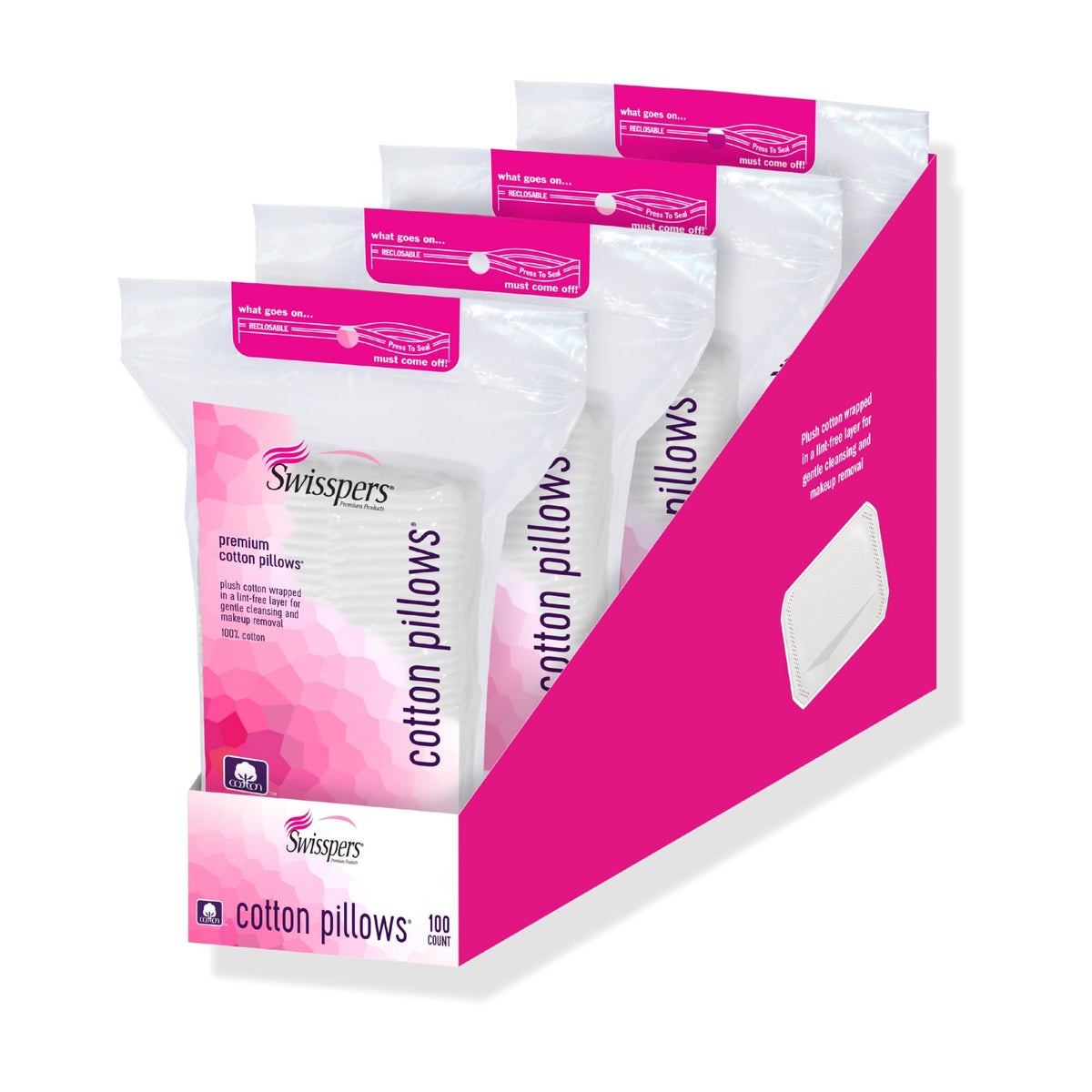 Swisspers Premium Cotton Pillows for facial application, gentle and lint-free.