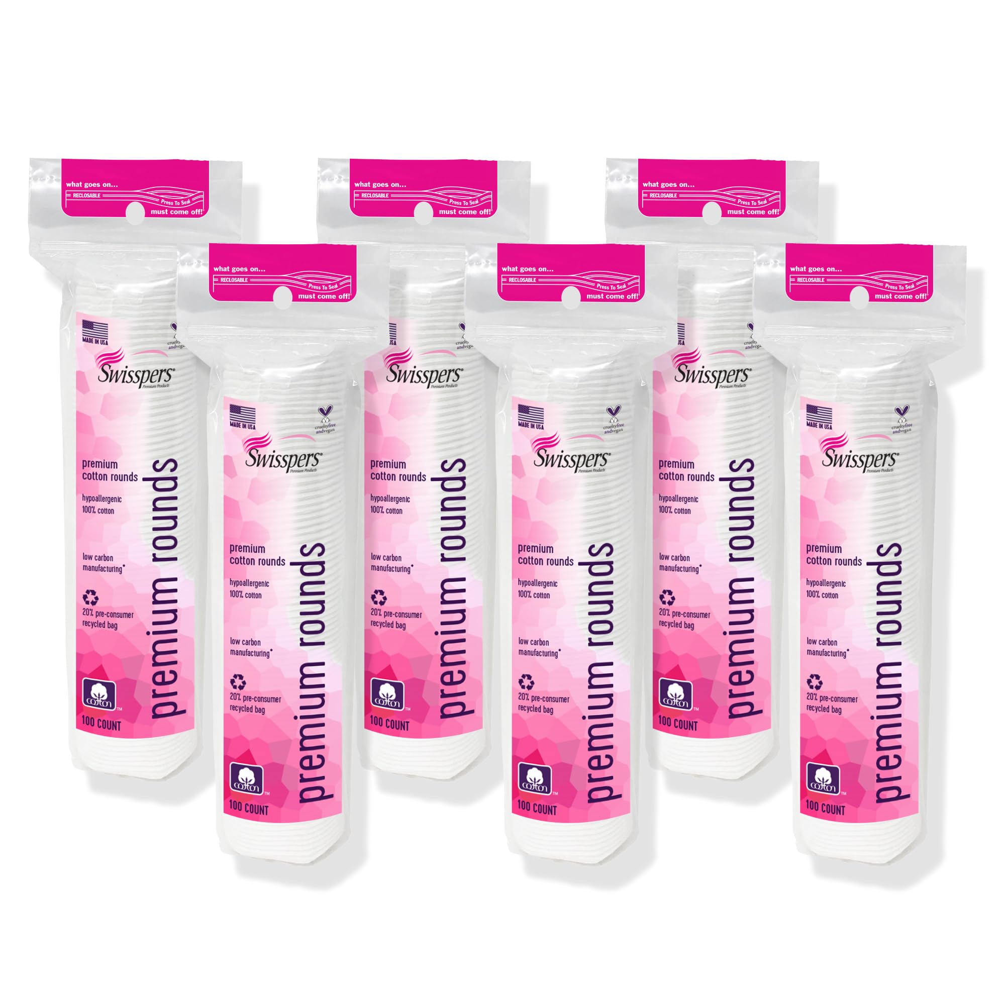 Swisspers Premium Cotton Rounds with dual-sided design for gentle cleansing.