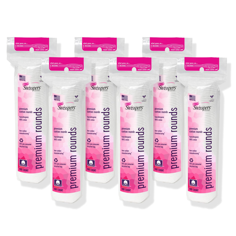 Swisspers Premium Cotton Rounds with dual-sided design for gentle cleansing.