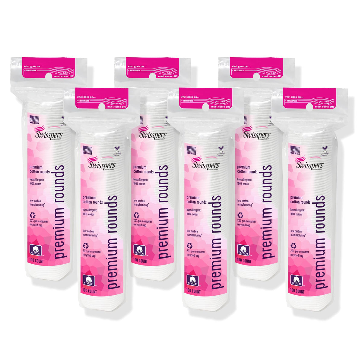 Swisspers Premium Cotton Rounds with dual-sided design for gentle cleansing.