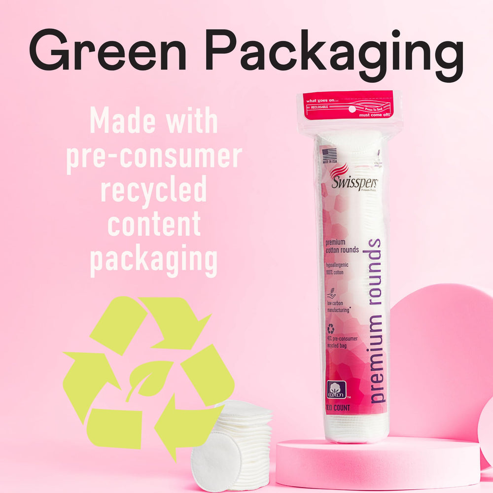 Swisspers Premium Cotton Rounds green packaging supports sustainability