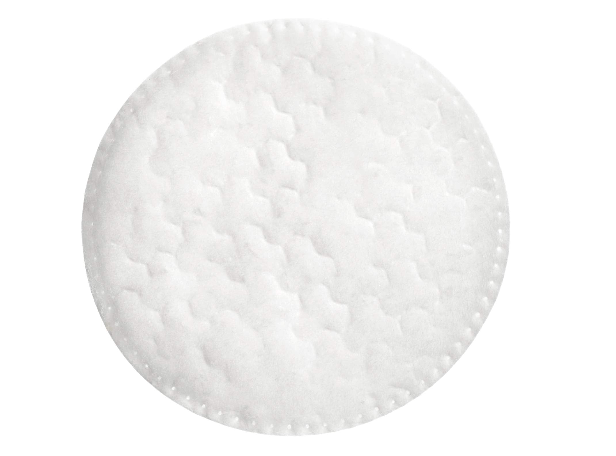 Swisspers Premium Cotton Rounds lint-reduction embossed surface for fragrance-free, gentle makeup removal.