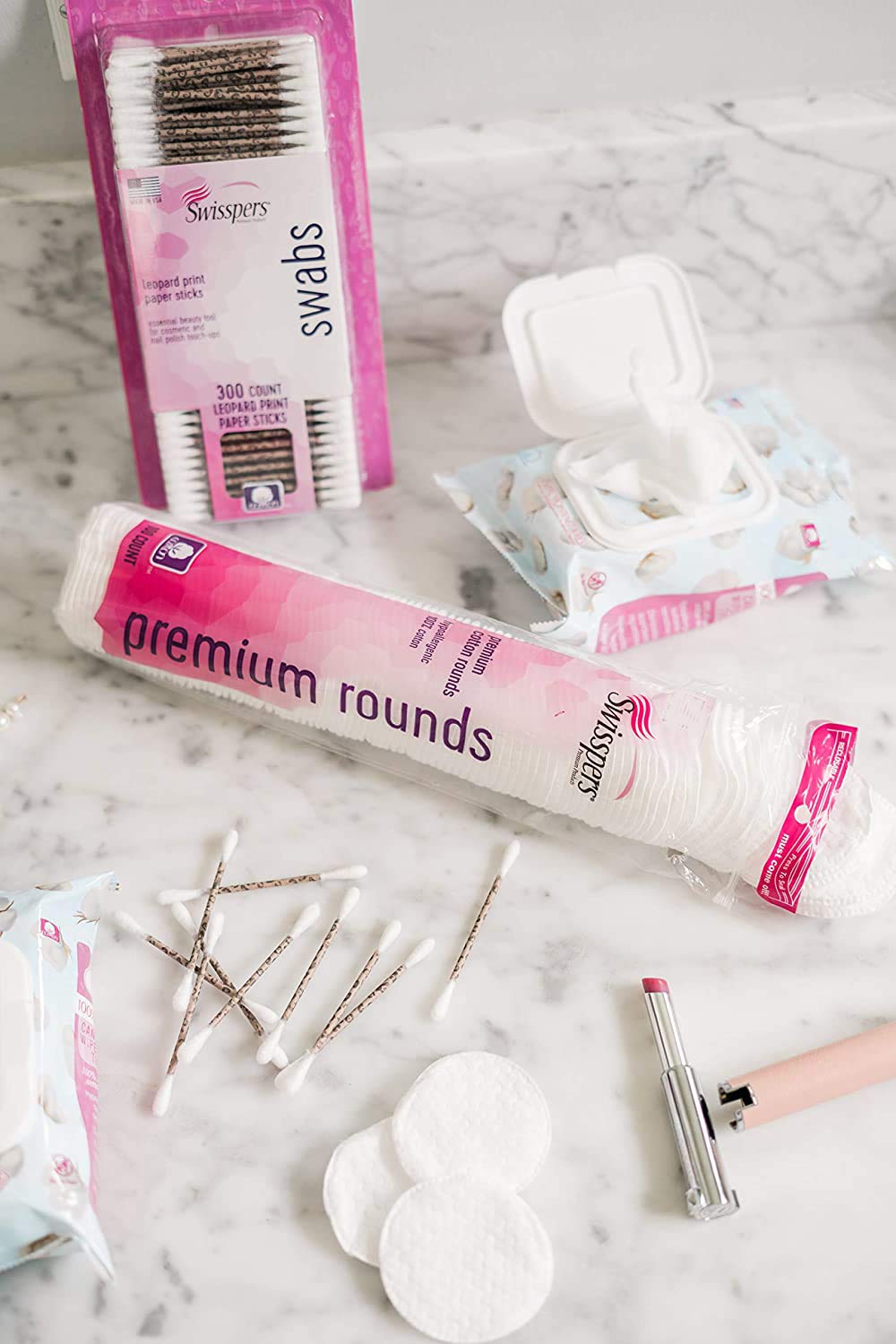 Swisspers Premium Cotton Rounds smooth surface ideal for applying toners and lotions.