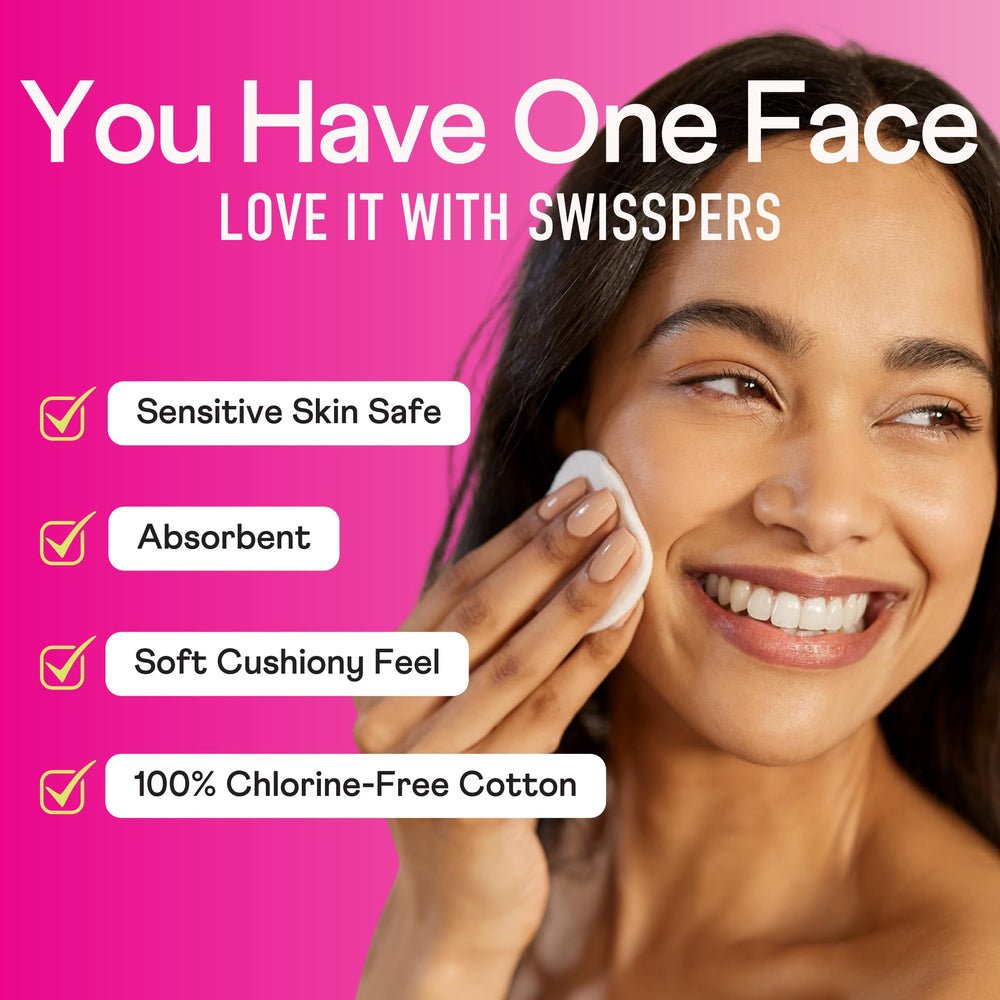 Swisspers Premium Cotton Rounds toner application for even, residue-free cleanse
