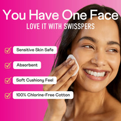 Swisspers Premium Cotton Rounds toner application for even, residue-free cleanse
