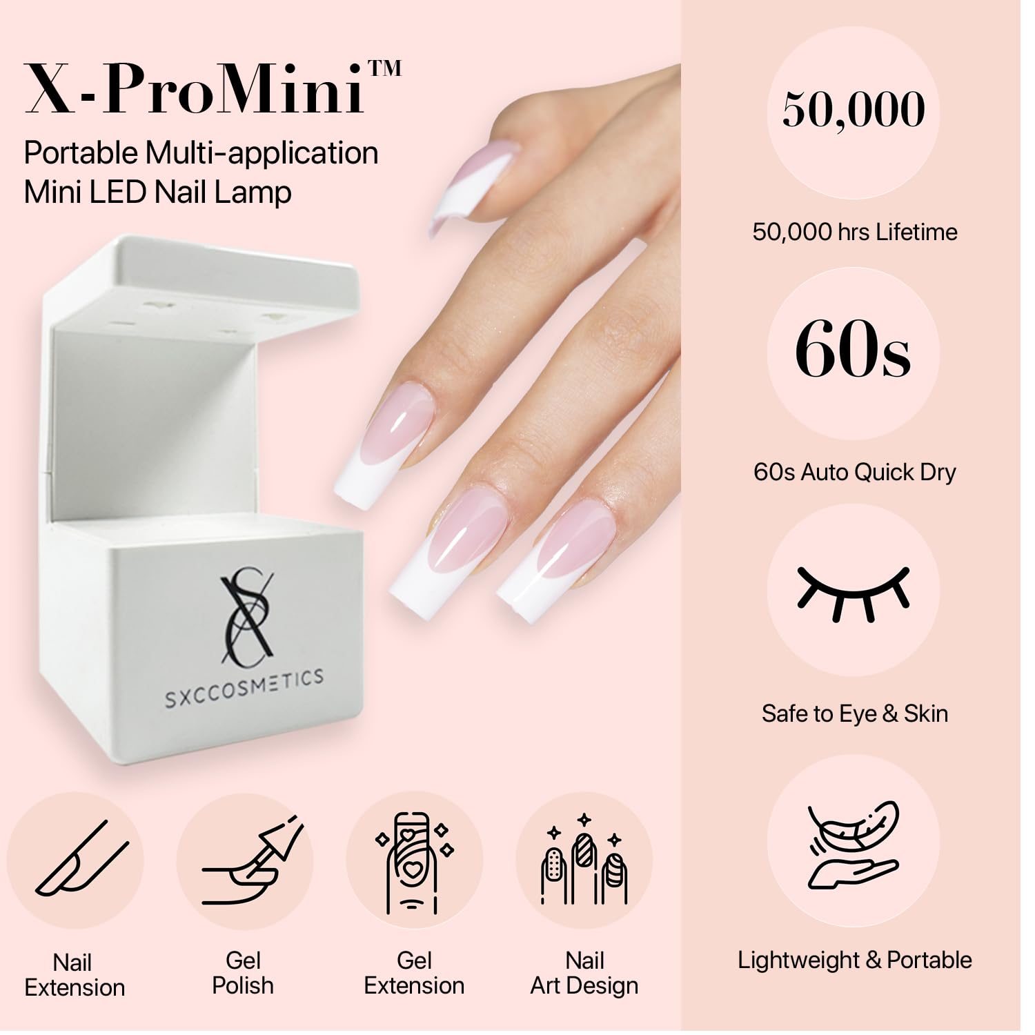 SXC Cosmetics pink French Tip nails glossy surface for polished look