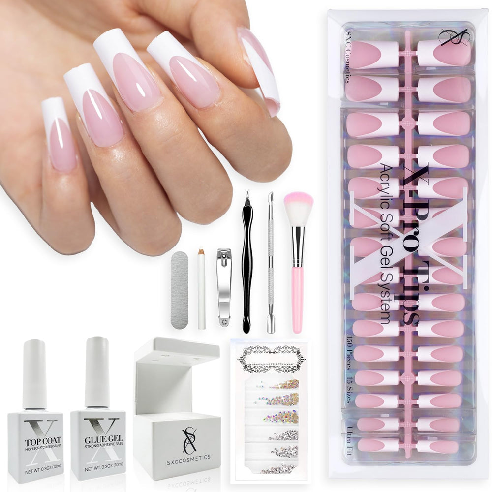 SXC Cosmetics pink French Tip nails in packaging for easy at-home styling