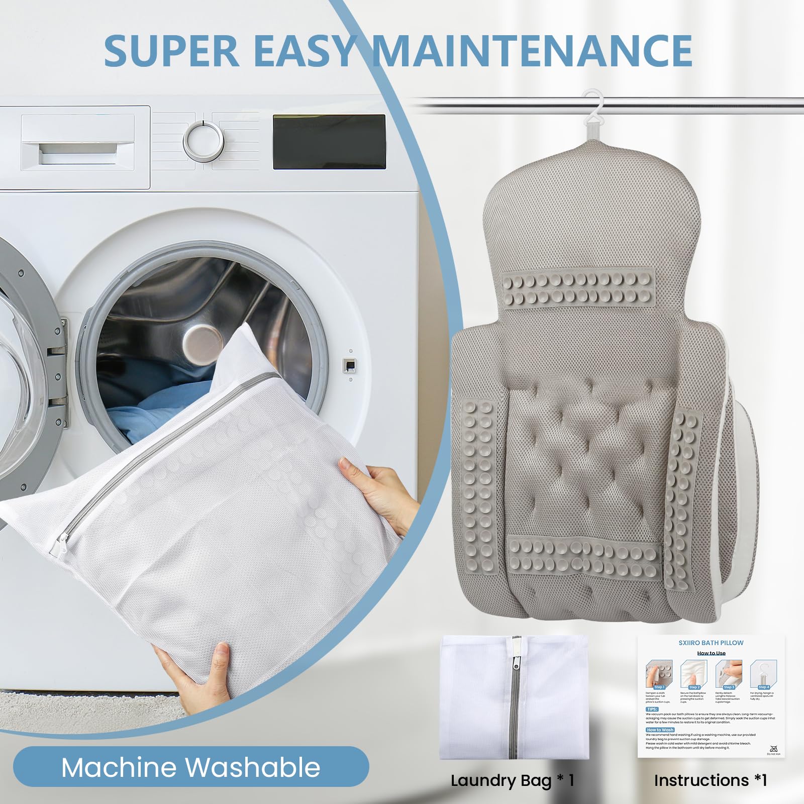 SXIIRO pillow includes laundry bag and hooks for easy care