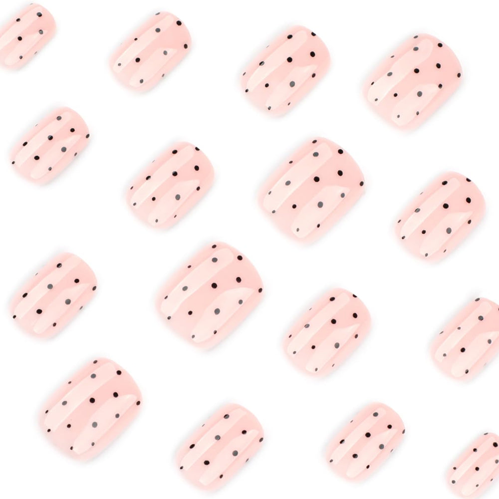 SYPAFG Uñas postizas cortas cuadradas, diseño de puntos negros para un estilo moderno.