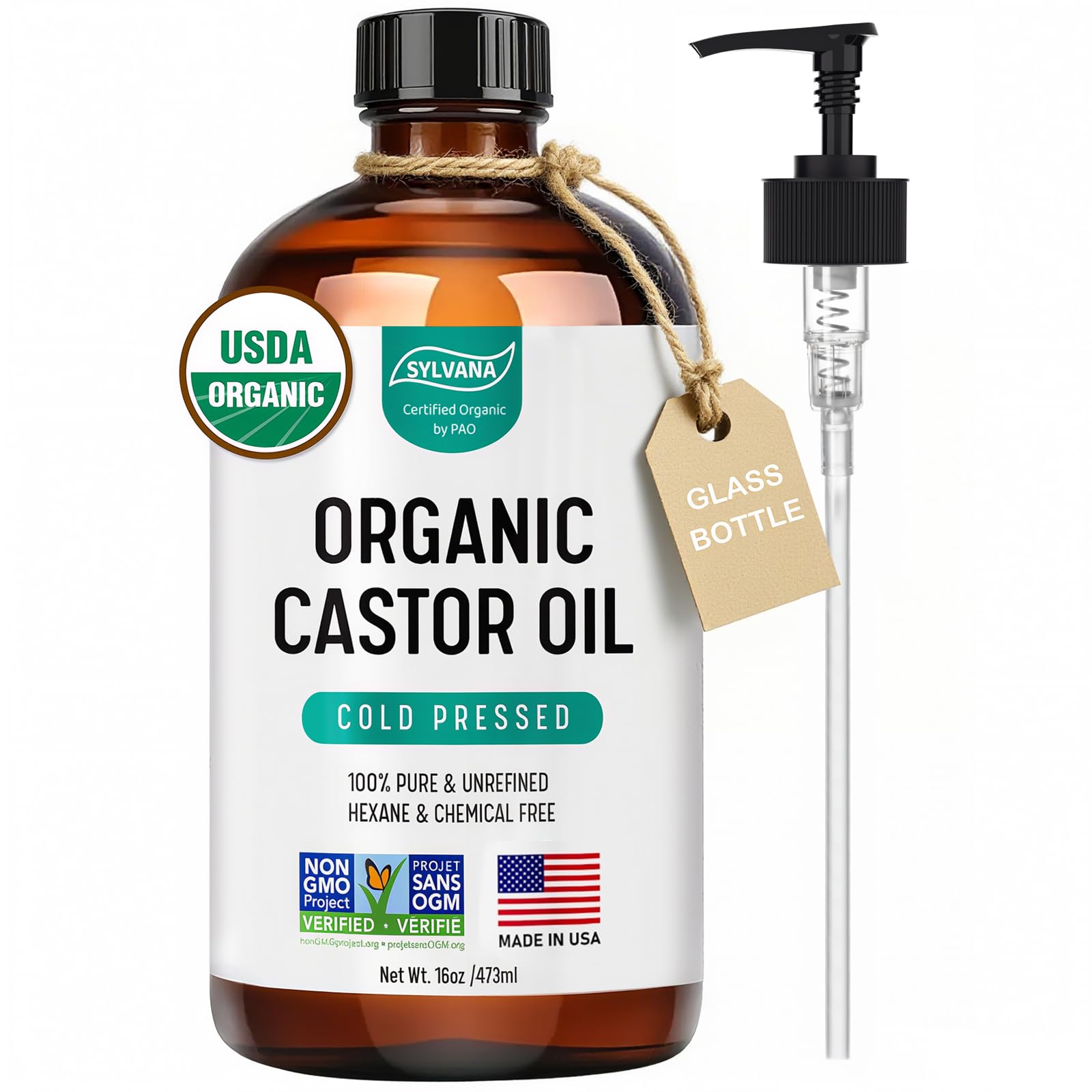 SYLVANA Organic Castor Oil in amber bottle with pump for clean, precise application.